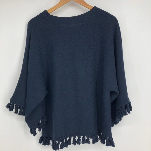 Chloe Fringe Poncho in Night Blue Cotton Wool Blend Drape Sweater Navy S - Picture 4 of 9
